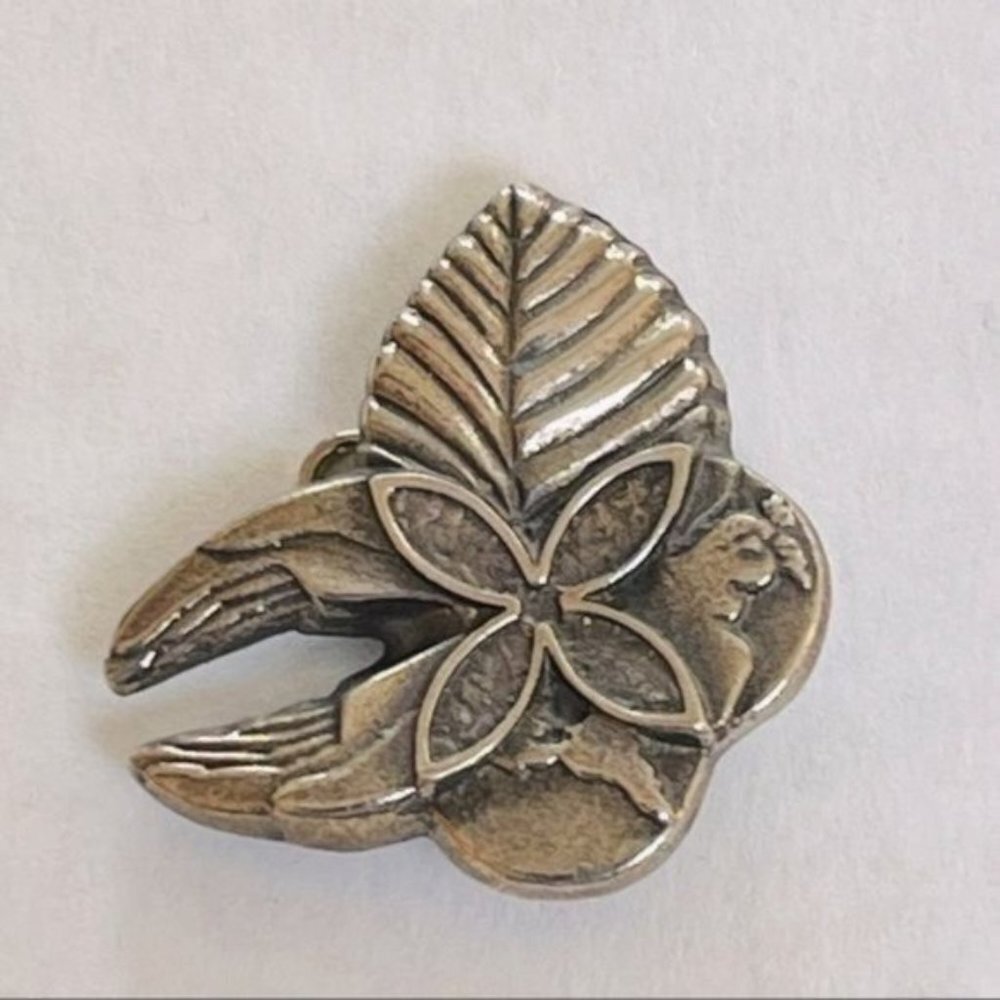Sterling Stamp Floral Bird Leaf Pin Pendant Brooch Jewelry Silver Tone 1 x 1 in